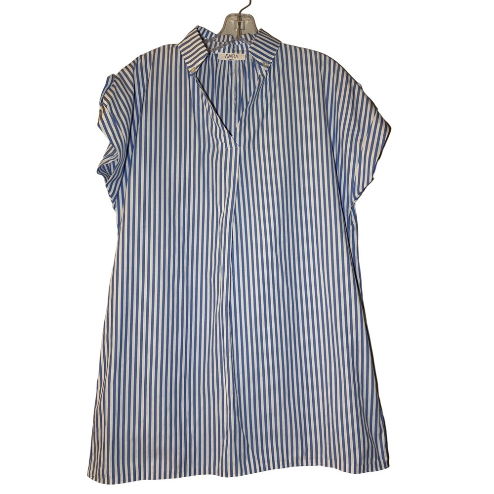 Avara Striped Shirt Dress Womens Small Blue White V-Neck Cuffed Sleeve AVD8339